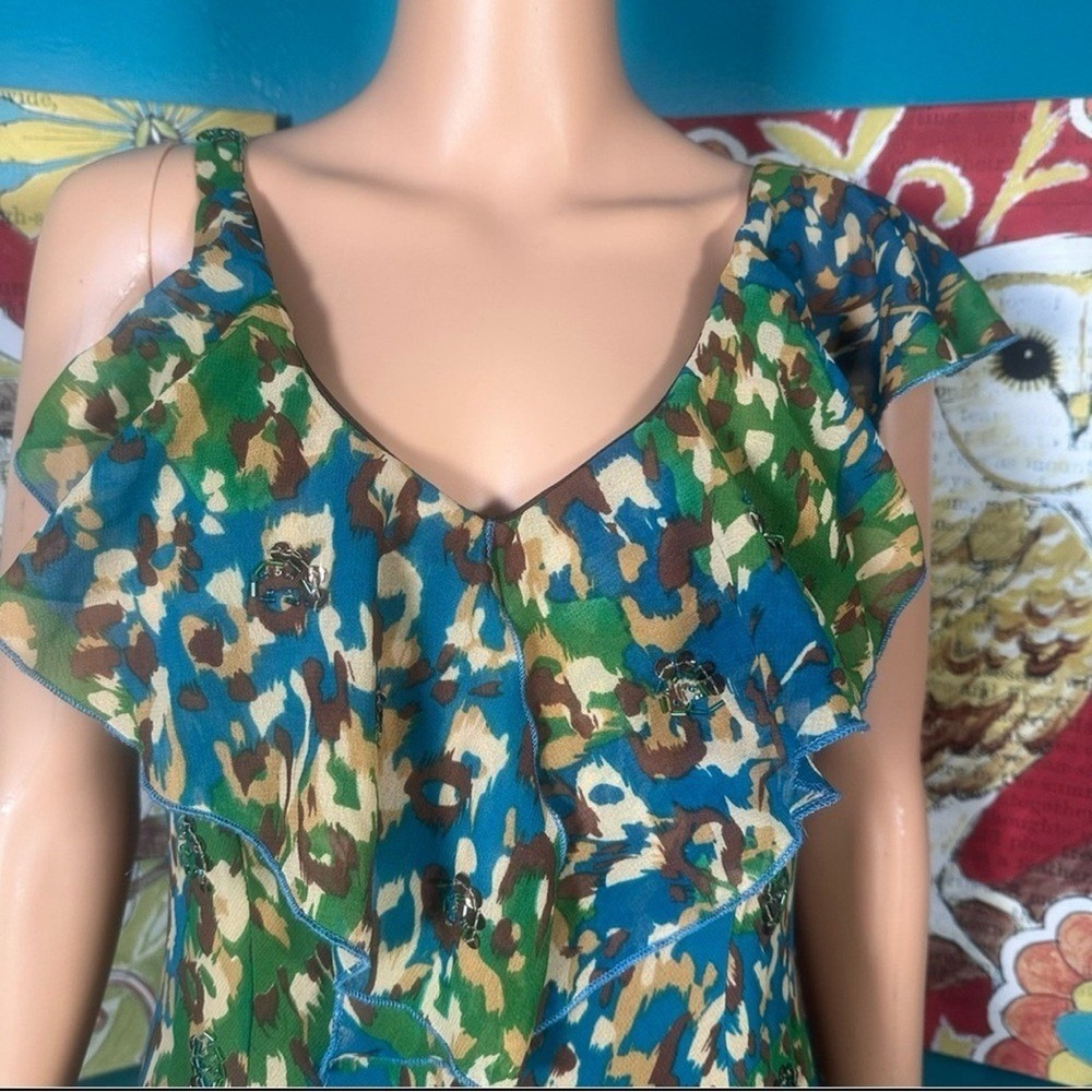 Robbie Bee Maxi Dress Women's Size 8 Ruffle Green Blue Abstract Print Tiered - Picture 6 of 12